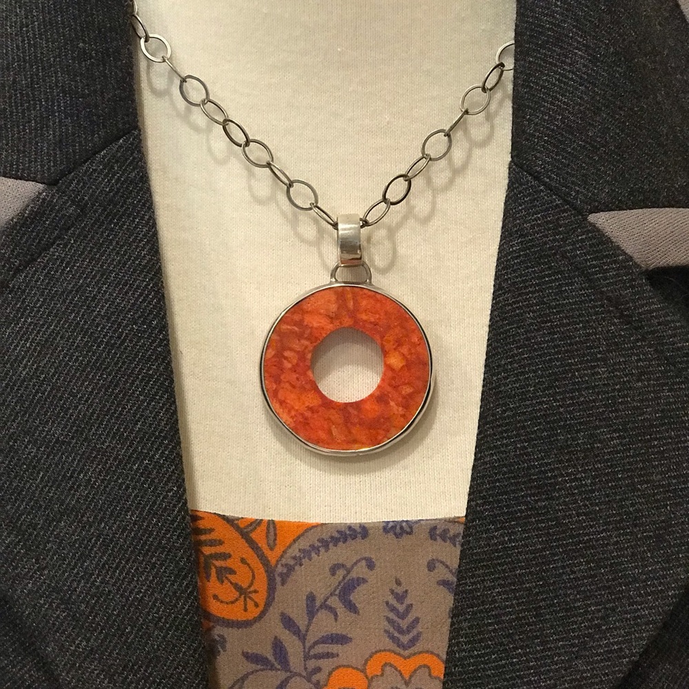 Silpada Red Orange Sponge Coral Circle Pendant